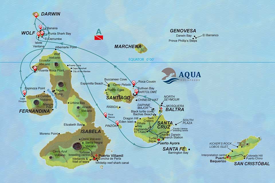 Kreuzfahrt mit Schwerpunkt Tauchen Reiseroute Galapagos Yacht Aqua